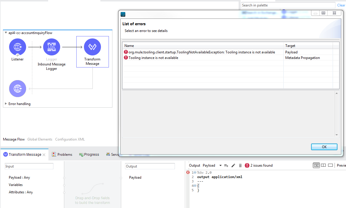 Anypoint Studio 7.1.x in Windows shows error  "org.mule.tooling.client.startup.ToolingNotAvailableException: Tooling  instance is not available" | MuleSoft Help Center