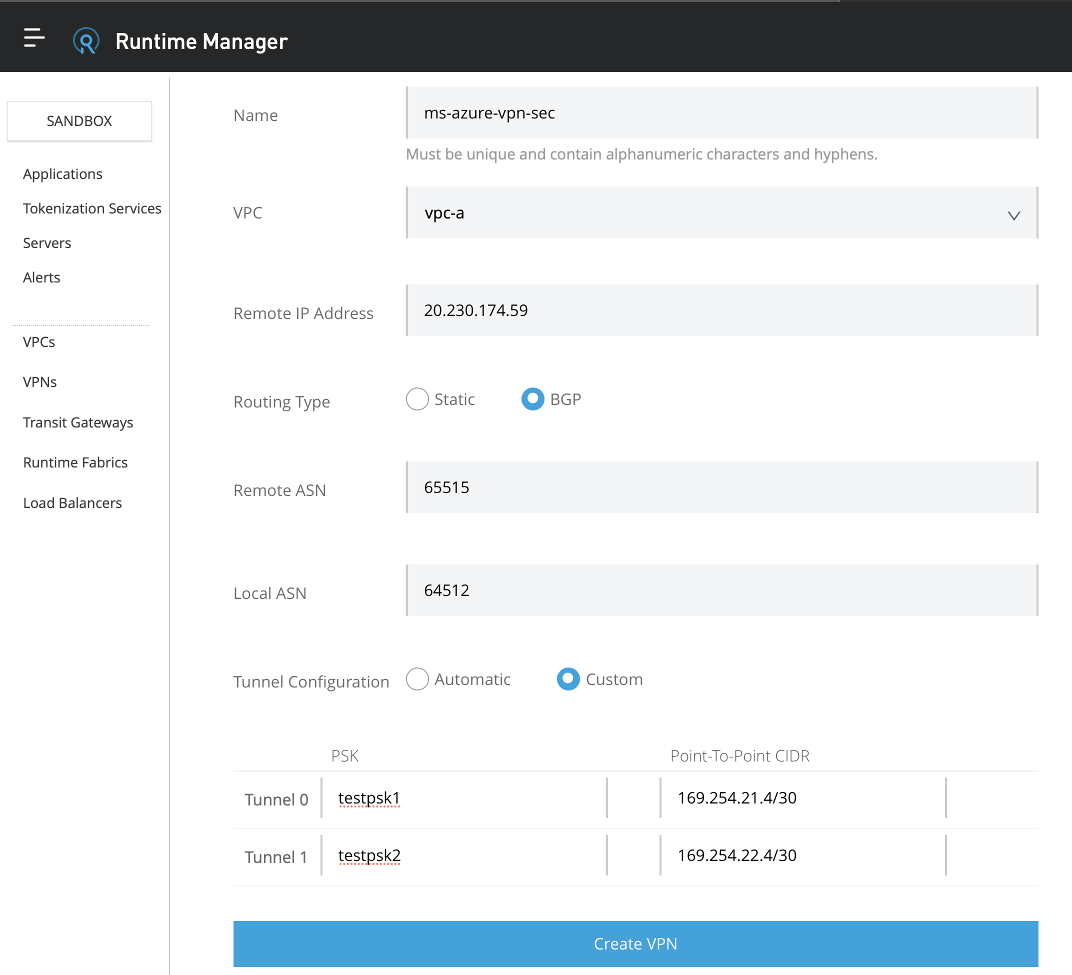 Anypoint VPN to Azure VPN with BGP | MuleSoft Help Center